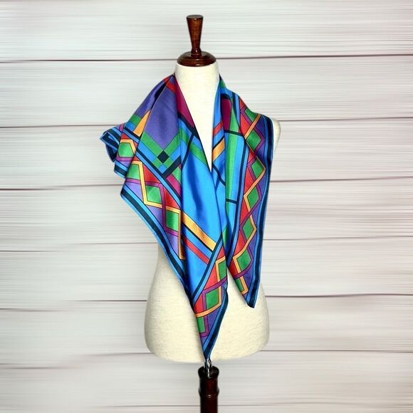 Linda Allard Ellen Tracy Silk Square Scarf Bright Colors Geometric Print Japan - Picture 7 of 11